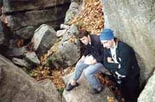 Will and Fred pondering the three mice who jumped down from a 20' high ledge (and scampered away). (Category:  Rock Climbing)