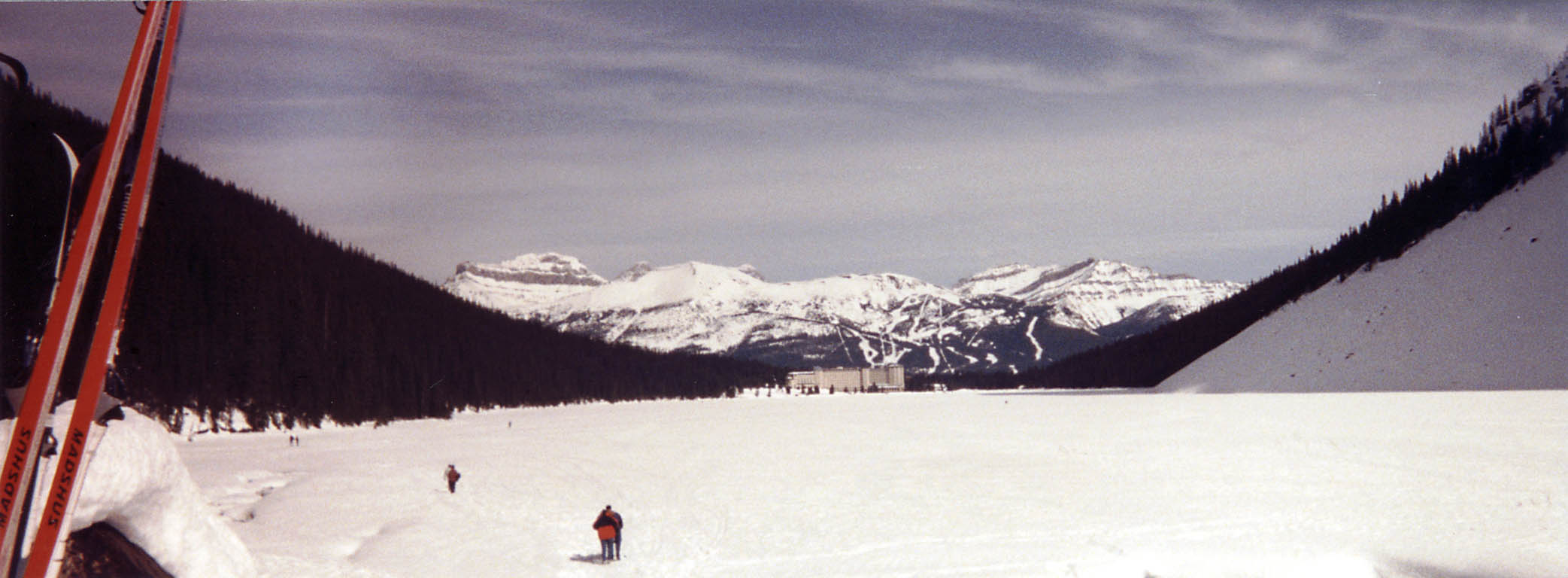 Frozen Lake Louise with the hotel and Rockies in the background. (Category:  Skiing)