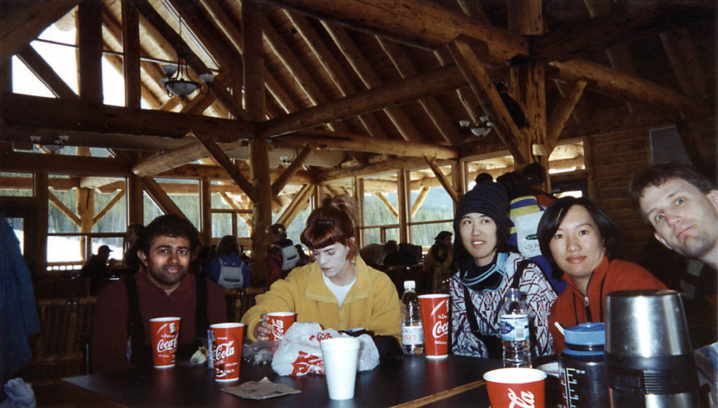 Danny, Stacy, June, Michele and Andy in the ski lodge. (Category:  Skiing)