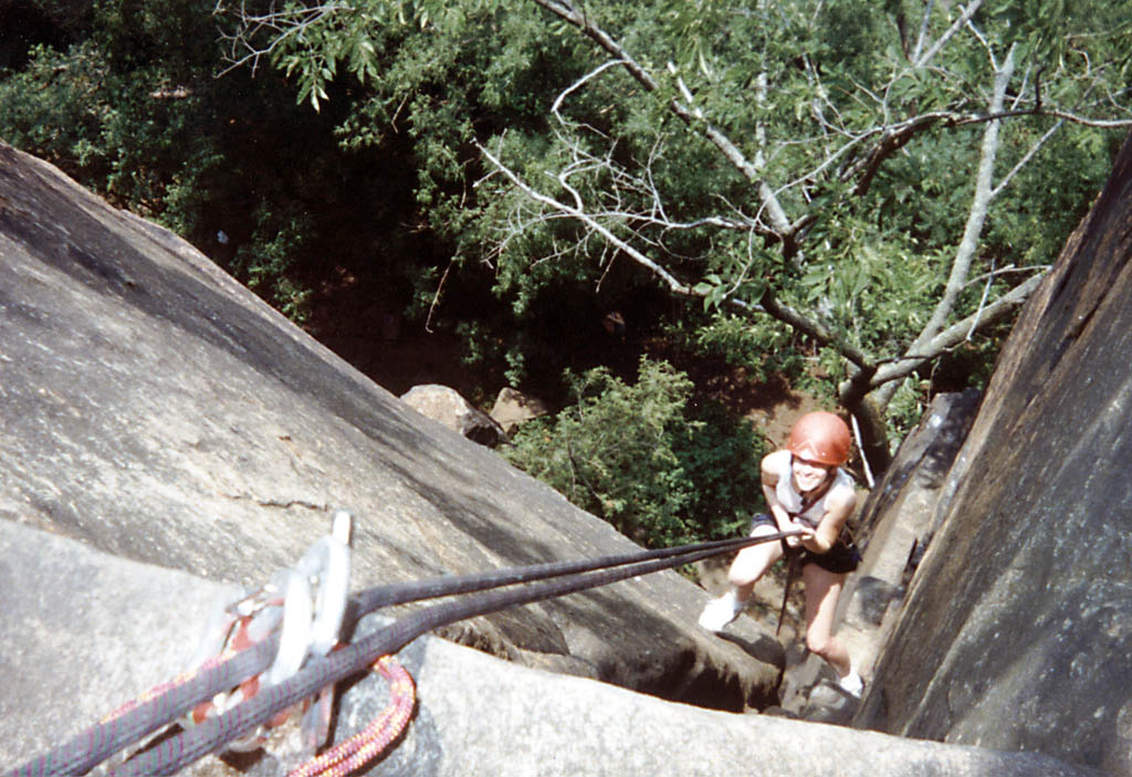 Jen on rappel for the first time. (Category:  Rock Climbing)