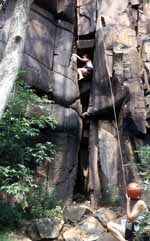 Jen climbing Cotter's Corner. (Category:  Rock Climbing)