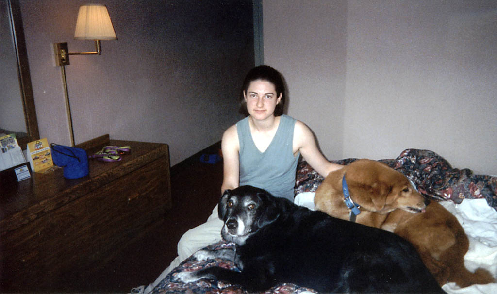 Lauren with Mandel and Lance during the one night we spent indoors. (Category:  Rock Climbing)