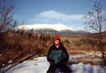 Marci with Mount Katahdin in the background. (Category:  Skiing)
