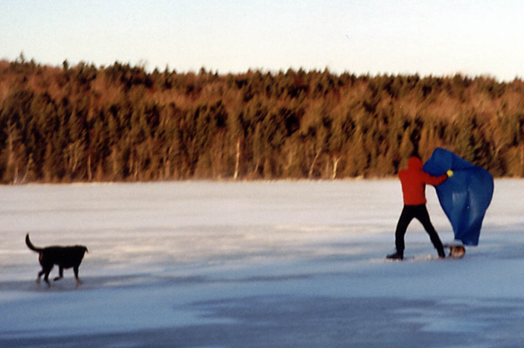 Toboggan sailing, followed as always by Lance. (Category:  Skiing)