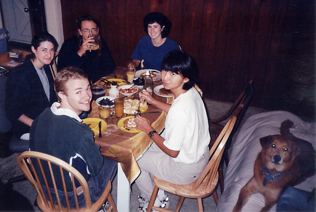 Lauren, Josh, Matt, Marci, Jinmi and Mandel enjoying a pancake breakfast at Marci's apartment. (Category:  Party)