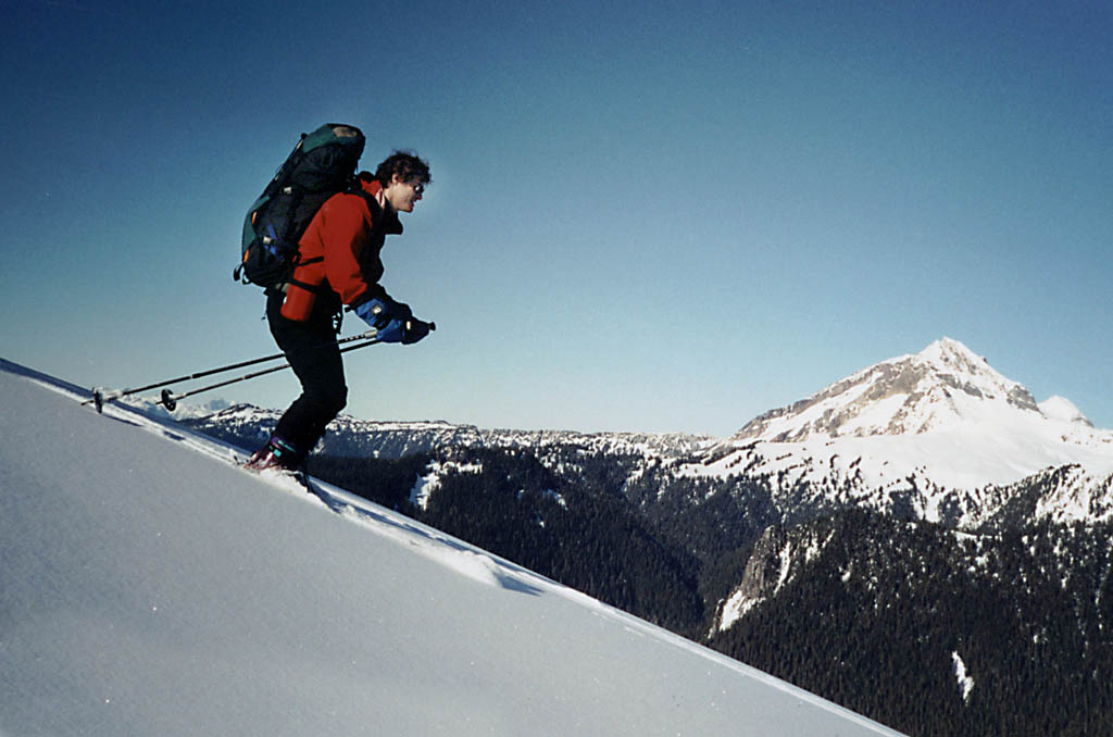 That's what it's all about!  Enjoying some untracked wilderness with Garibaldi peak looking on. (Category:  Skiing)