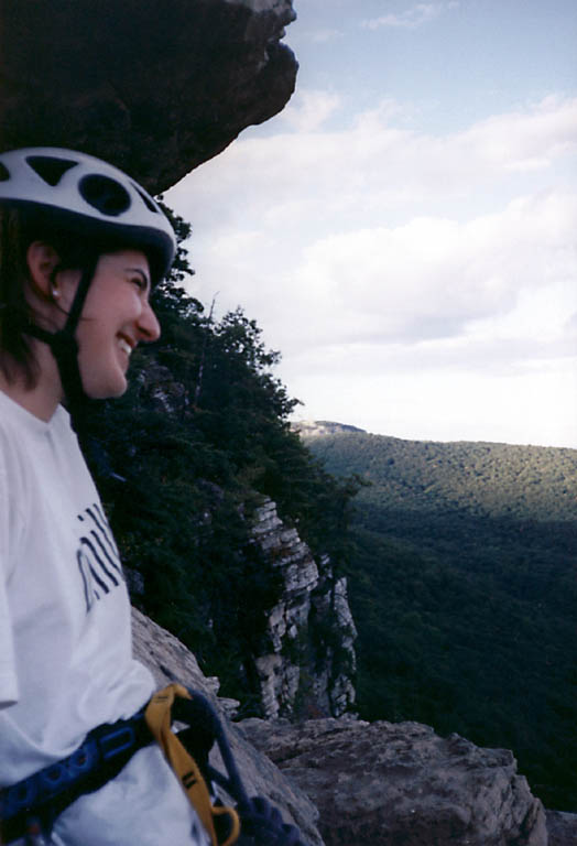 Lauren on the High Exposure ledge. (Category:  Rock Climbing)