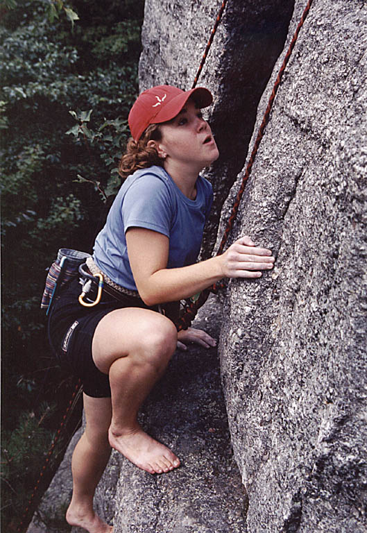 Lindsay climbing barefoot. (Category:  Rock Climbing)