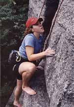 Lindsay climbing barefoot. (Category:  Rock Climbing)