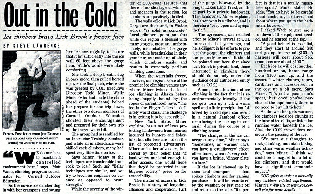 Ithaca Times article about the climbing. (Category:  Ice Climbing)