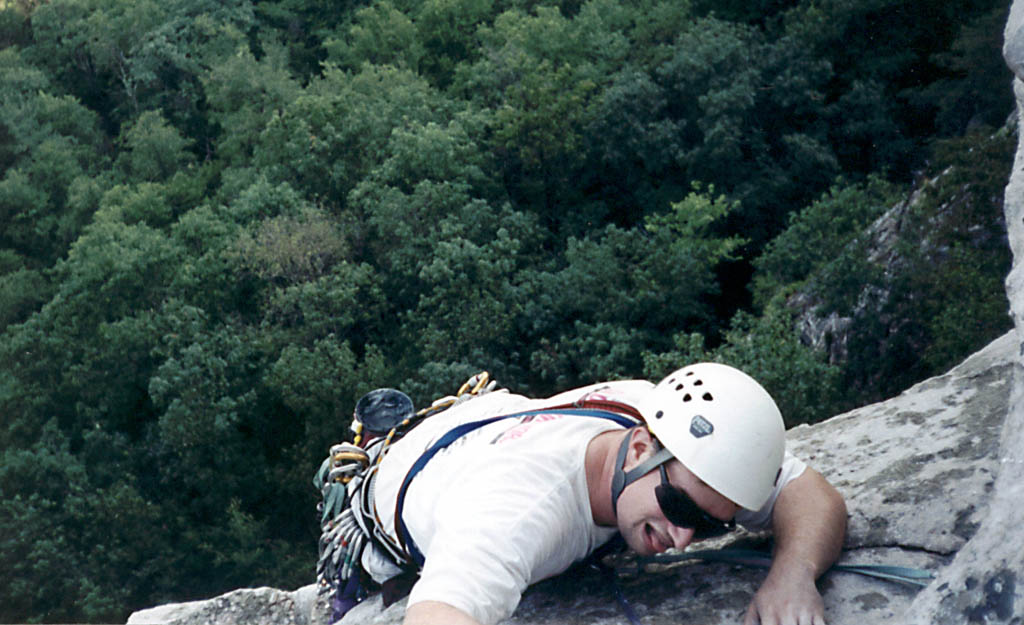 Jason panting at the top of CCK Direct. (Category:  Rock Climbing)