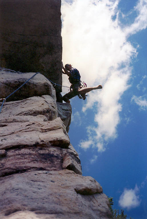 Gerry leading the last pitch of Directissima (the High E pitch) barefoot. (Category:  Rock Climbing)