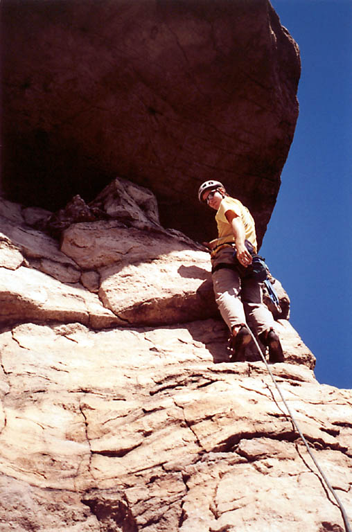 Tom just below the High Exposure roof. (Category:  Rock Climbing)