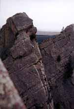 Climbers (look closely) on the next pillar over from Rewritten. Tom tells me this climb is Swanson's Arete. (Category:  Rock Climbing)