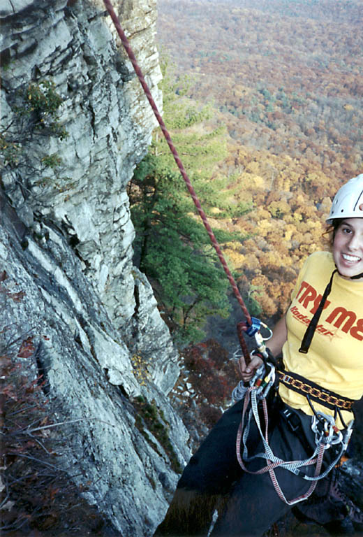 Gabby rappelling on Arrow. (Category:  Rock Climbing)