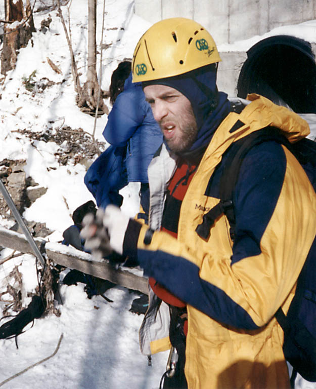 Rick at the top of Businessman's Lunch. (Category:  Ice Climbing)