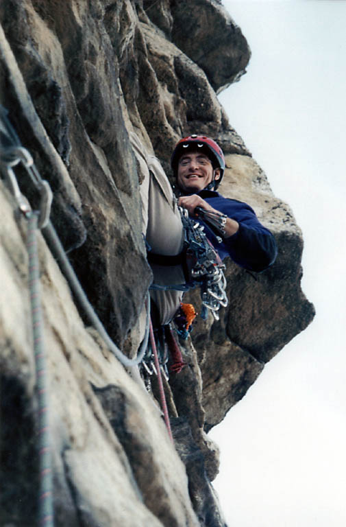 Leading the crux pitch of Madame G's. (Category:  Rock Climbing)