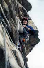 Leading the crux pitch of Madame G's. (Category:  Rock Climbing)