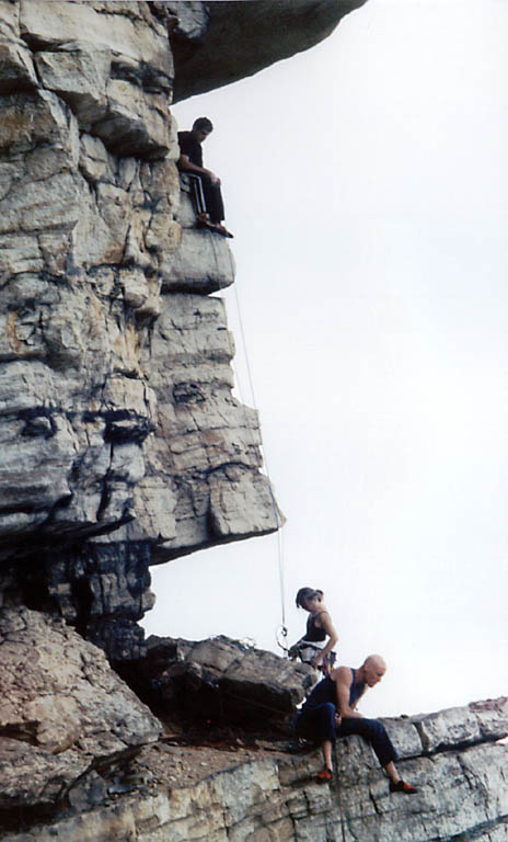 The High Exposure ledge as seen from Modern Times on the GT ledge. (Category:  Rock Climbing)
