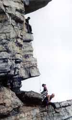 The High Exposure ledge as seen from Modern Times on the GT ledge. (Category:  Rock Climbing)