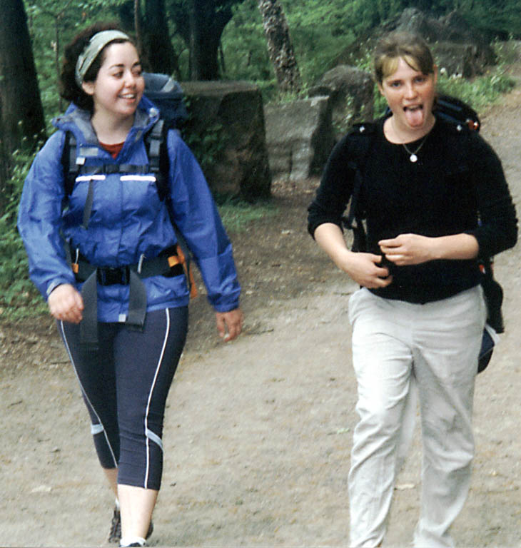 Sarah and Thea walking down the carriage road. (Category:  Rock Climbing)