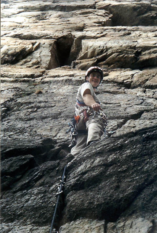 Leading Double Crack.  VERY happy to have reached a nice rest ledge. (Category:  Rock Climbing)