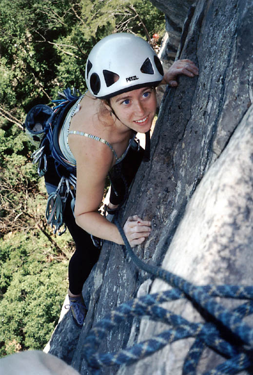 Alana reaching the belay below Shockely's Ceiling. (Category:  Rock Climbing)