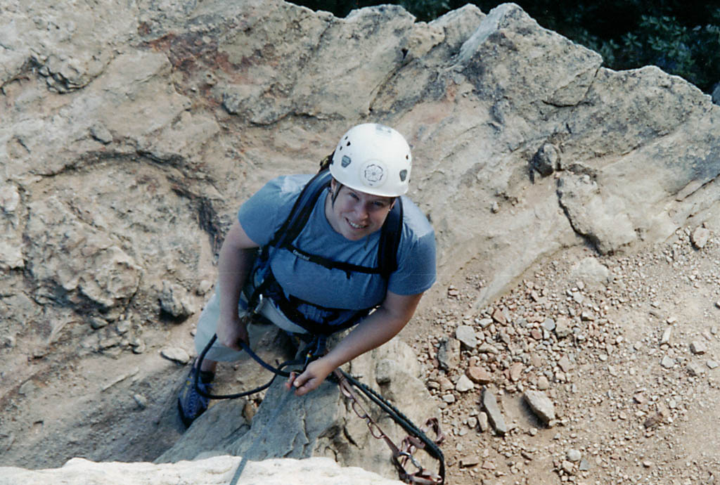 Heidi belaying on the High Exposure ledge. (Category:  Rock Climbing)