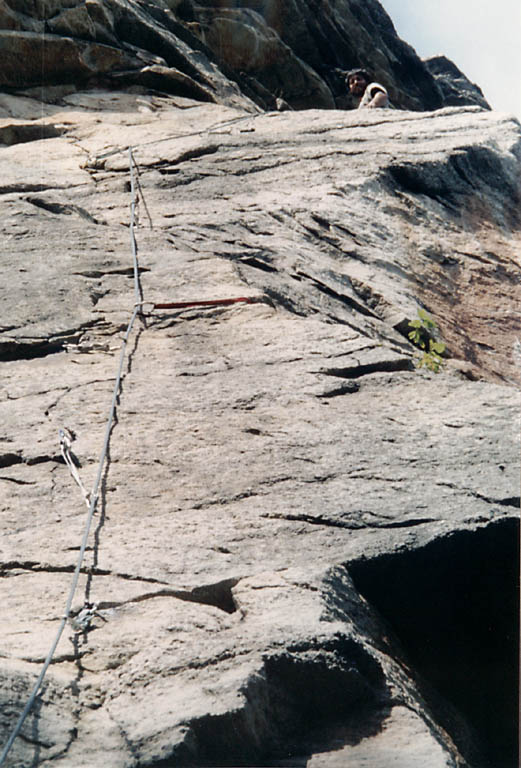 Vijay at the top of the first pitch of Birdland. (Category:  Rock Climbing)