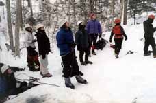 Emilie, Anima, Veronica, Ari, Doug, Simeon, Leslie and Jason at the base of Positive Reinforcement. (Category:  Ice Climbing)