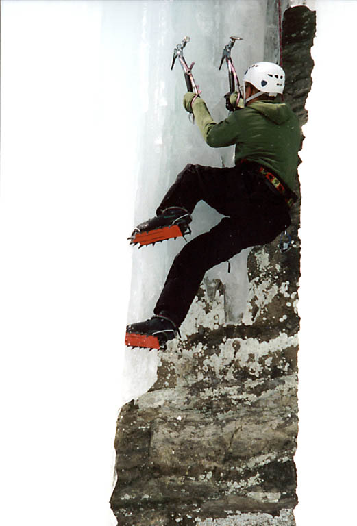 Jerry climbing steep ice. (Category:  Ice Climbing)