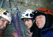 Lindsay, Alana and me at the hanging belay on Environmental Impact (Category:  Rock Climbing)
