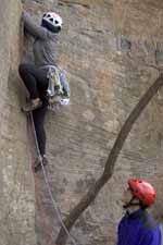 Alana starting up Bedtime for Bonzo. (Category:  Rock Climbing)