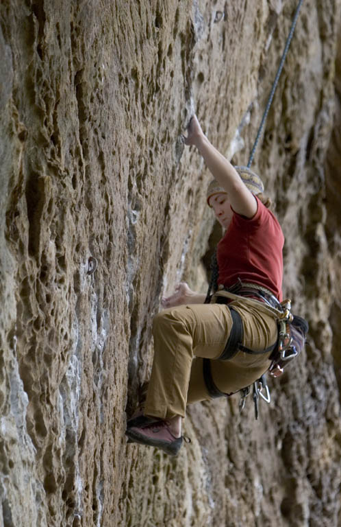 Lindsay climbing Bandolier. (Category:  Rock Climbing)