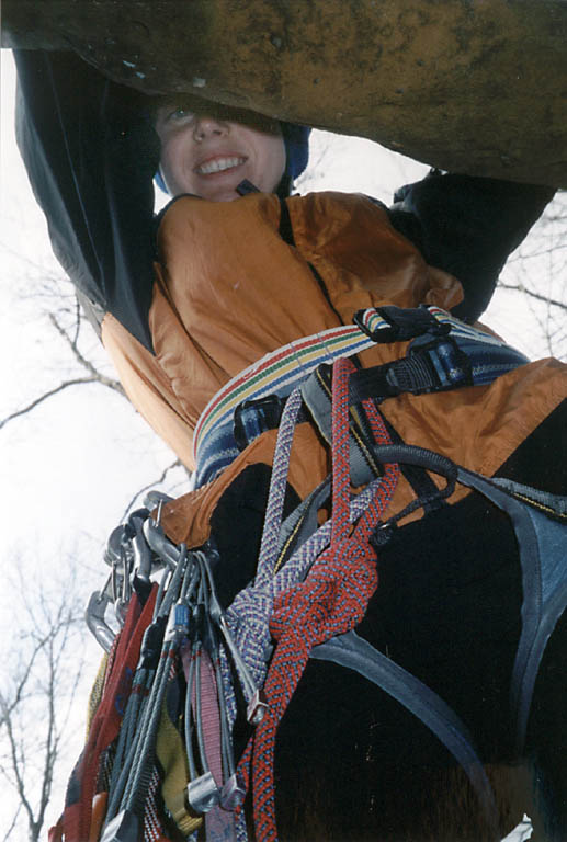 Alana starting to lead The Arrowhead. (Category:  Rock Climbing)