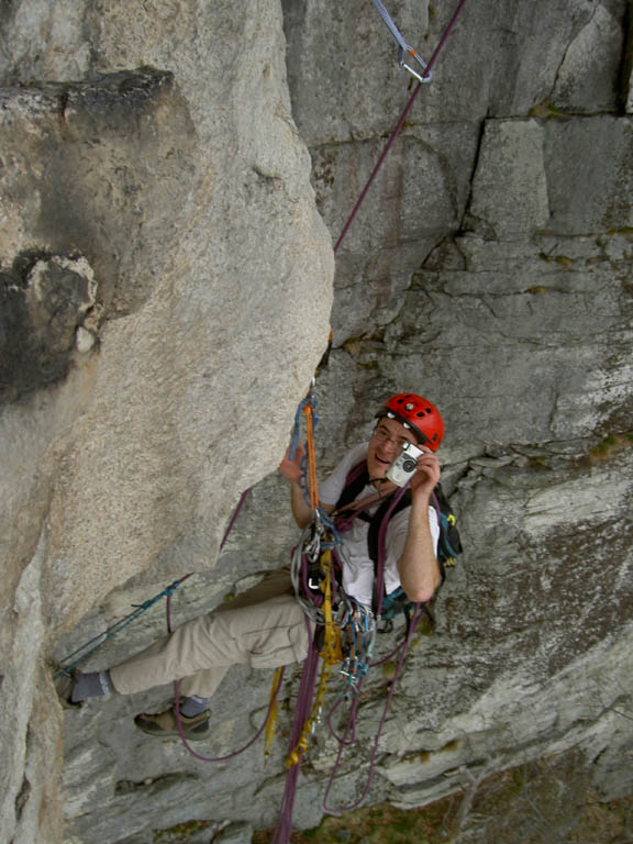 Nearly at the belay, taking a picture of Joe. (Category:  Rock Climbing)