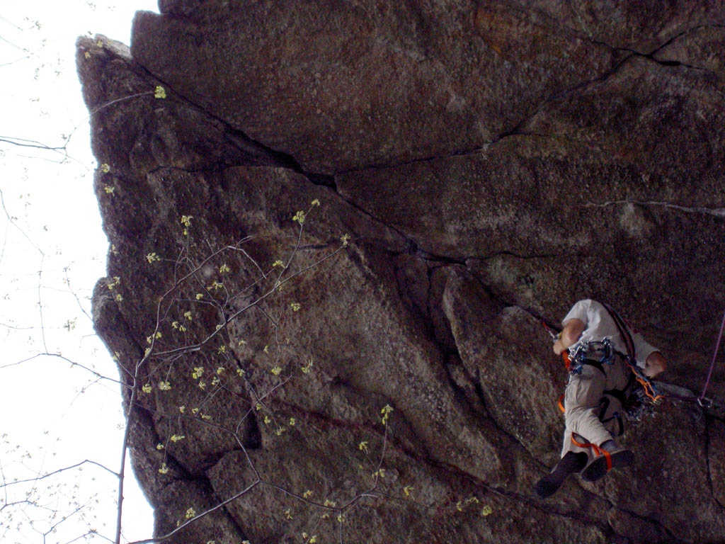 Standing on my etrier.  I hate weighting gear!  But it really is the only way to aid climb :-) (Category:  Rock Climbing)