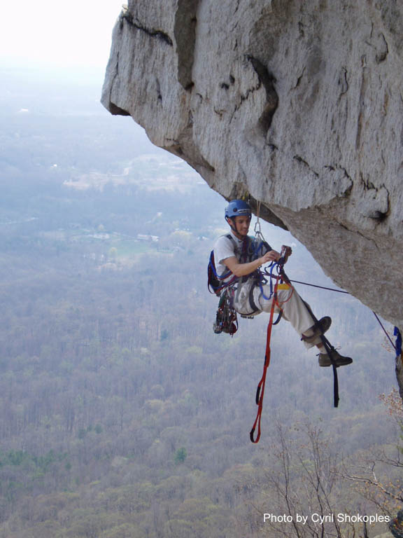 Joe in the middle of Twilight Zone, photographed from the second pitch of Andrew. (Category:  Rock Climbing)