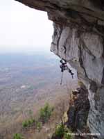 Joe in the middle of Twilight Zone, photographed from the second pitch of Andrew. (Category:  Rock Climbing)