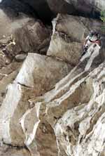 Joe starting Twilight Zone, photographed from the belay. (Category:  Rock Climbing)