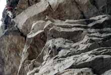 Joe nearly done with Twilight Zone, photographed from the belay. (Category:  Rock Climbing)