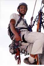 Joe at the hanging belay above Twilight Zone. (Category:  Rock Climbing)