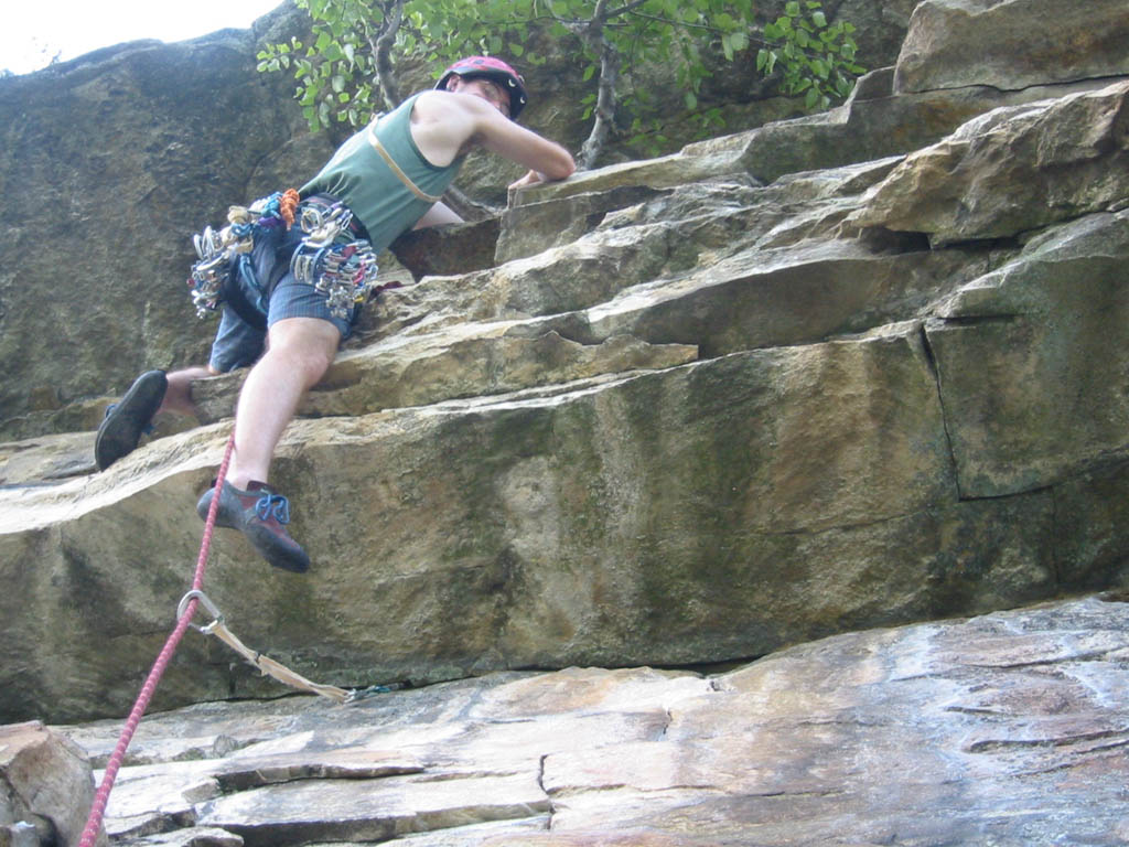 Beginning the scrunchy traverse on Bloody Mary. (Category:  Rock Climbing)