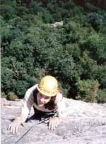 Stacey at the top of Beginner's Delight. (Category:  Rock Climbing)