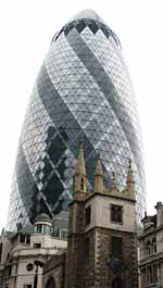 St. Andrews Undershaft Church in front of the Swiss Re Tower. (Category:  Travel)