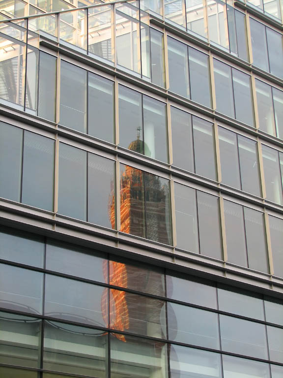 Westminster Cathedral reflecting in a nearby building. (Category:  Travel)