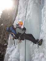 Becky rappelling the main flow of Mineville Pillar. (Category:  Ice Climbing)