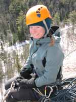 Becky at the top of Mineville Pillar. (Category:  Ice Climbing)