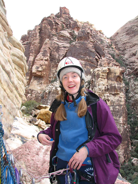 Carla at the first belay on Cat in the Hat. (Category:  Rock Climbing)