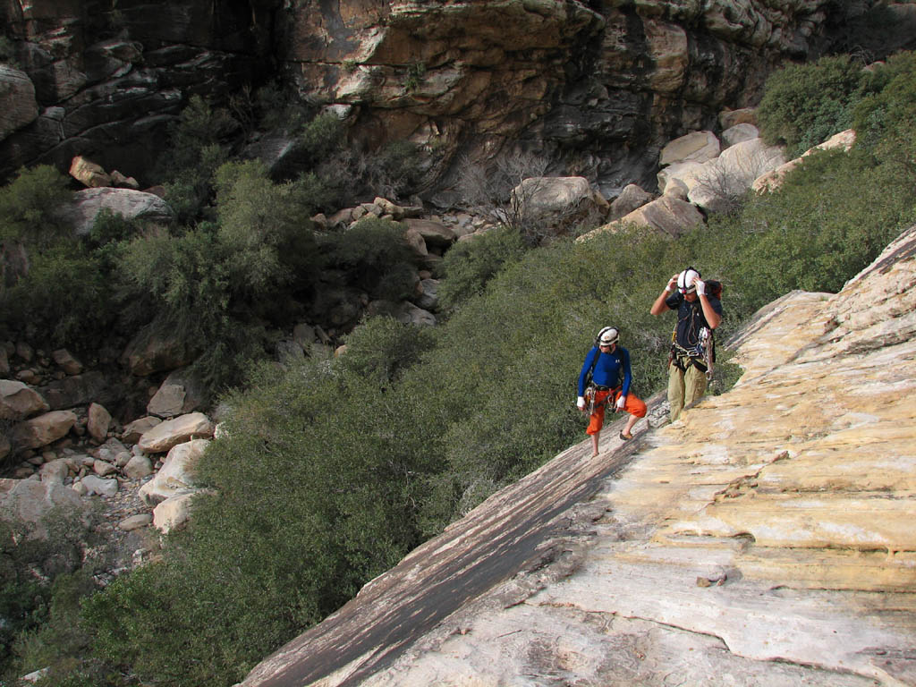 Ryan and Kyle starting the 600' scramble to the base of Black Orpheus. (Category:  Rock Climbing)